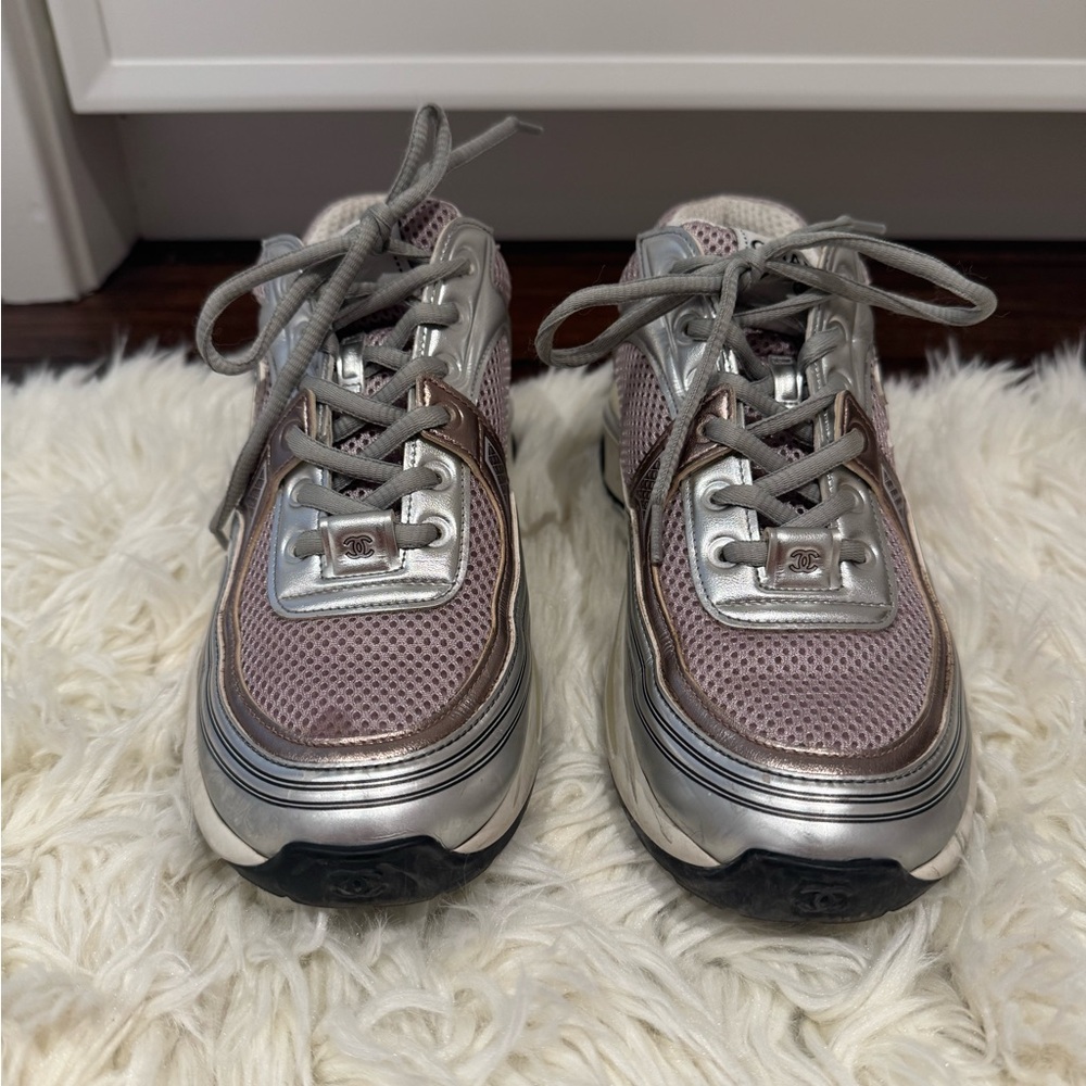 CHANEL Women's Metallic Silver and Pink Sneakers - Picture 3 of 9